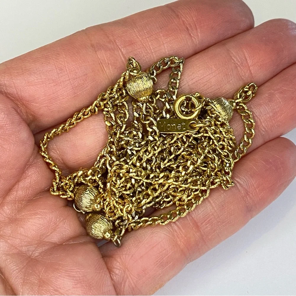 Vintage Monet‎ Gold Tone Chain Necklace Curb Station Textured Bead Long
